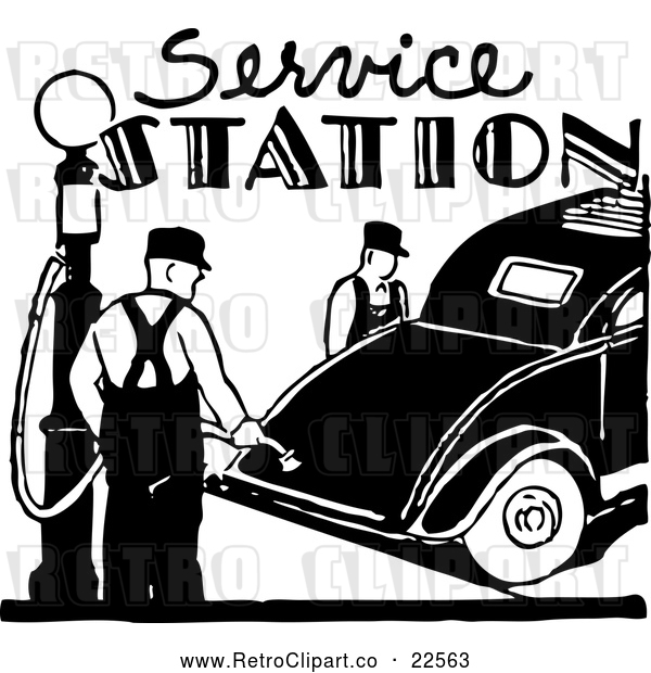 Vector Clip Art of Retro Service Station with a Gas Pump and Car