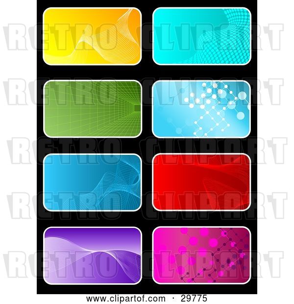 Vector Clip Art of Retro Set of Eight Yellow, Blue, Green, Red, Purple and Pink Backgrounds on Black