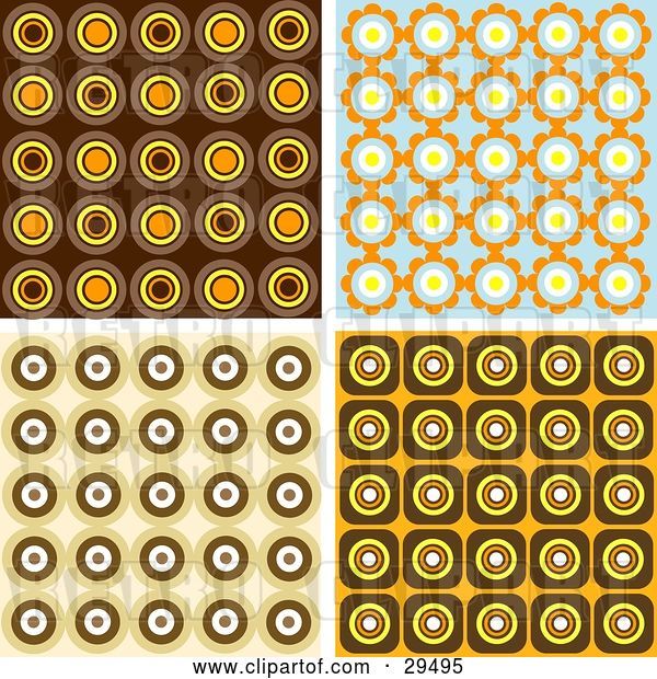Vector Clip Art of Retro Set of Wallpaper Pattern Backgrounds of Orange, Brown and Blue Circles
