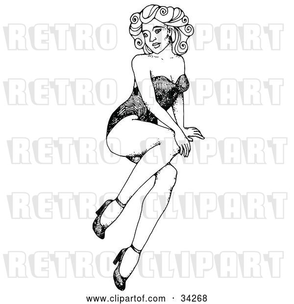 Vector Clip Art of Retro Sexy Pinup Girl Sitting on the Floor with One Hand on Her Knee