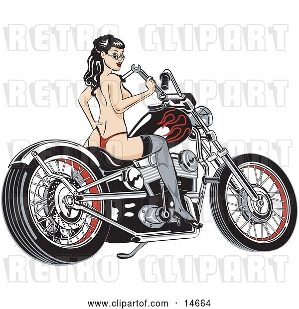 Vector Clip Art of Retro Sexy Topless Brunette Lady in a Red Thong, Stockings and Heels, Looking Back over Her Shoulder and Holding a Wrench While Sitting on a Motorcycle Clipart Illustration