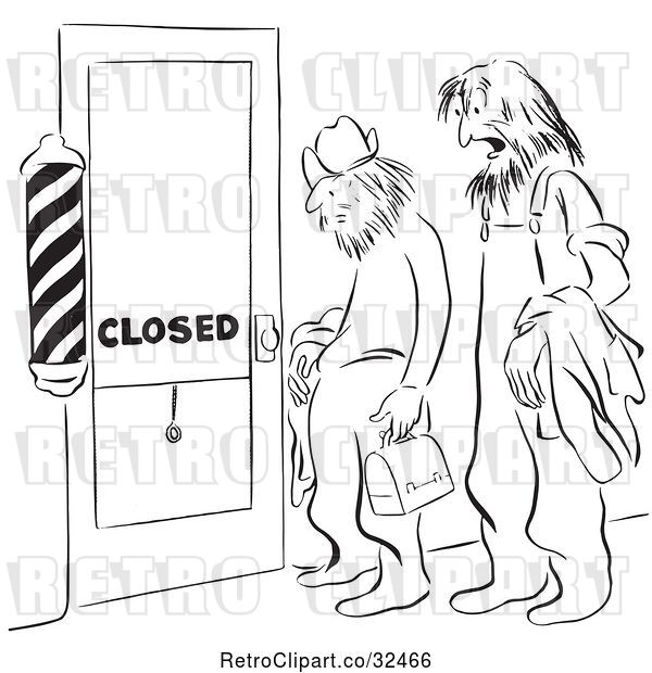 Vector Clip Art of Retro Shaggy Men at a Closed Barber Shop Door