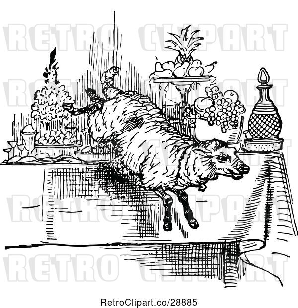 Vector Clip Art of Retro Sheep Leaping over a Table