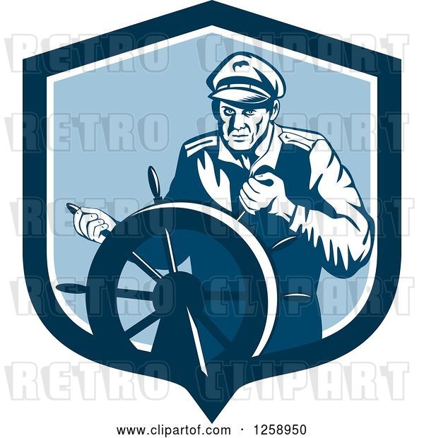 Vector Clip Art of Retro Ship Captain Steering a Helm