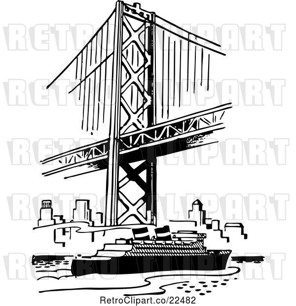 Vector Clip Art of Retro Ship Under a Bridge