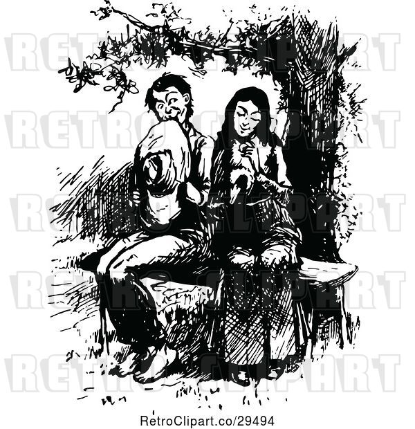 Vector Clip Art of Retro Shy Courting Couple on a Bench