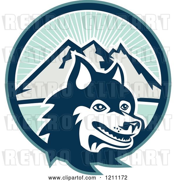 Vector Clip Art of Retro Siberian Husky Dog over Circle of Sunshine and Mountains
