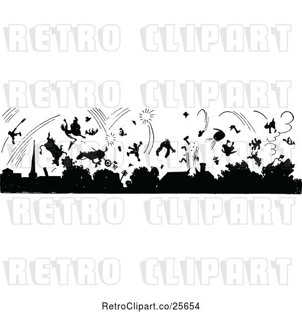 Vector Clip Art of Retro Silhouetted Animals and People in an Explosion