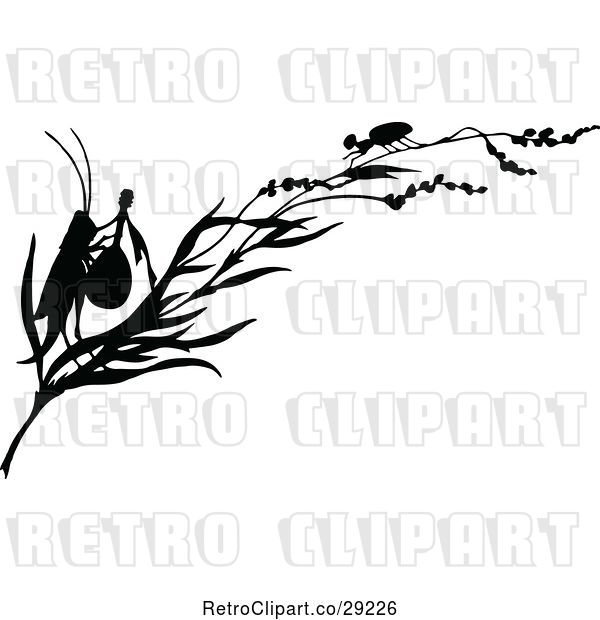 Vector Clip Art of Retro Silhouetted Ant and Cricket with a Banjo on a Branch