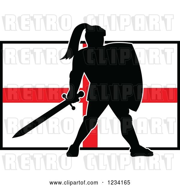 Vector Clip Art of Retro Silhouetted Black Knight in Full Armor over an English Flag