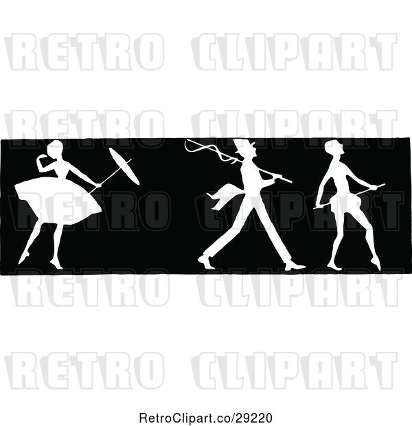 Vector Clip Art of Retro Silhouetted Border of a Ballerina and Men