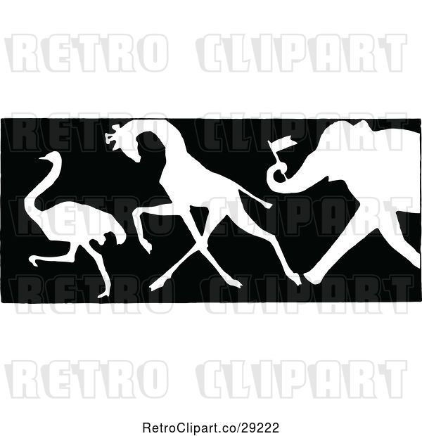 Vector Clip Art of Retro Silhouetted Border of an Ostrich Giraffe and Elephant with a Flag
