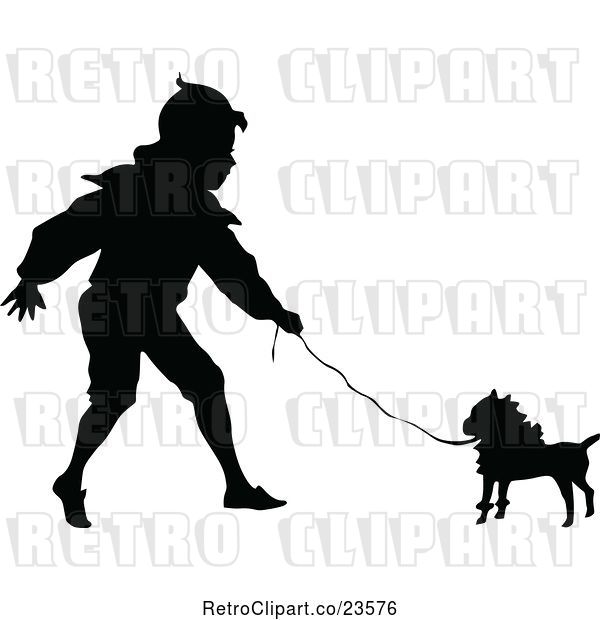 Vector Clip Art of Retro Silhouetted Boy Walking a Dog