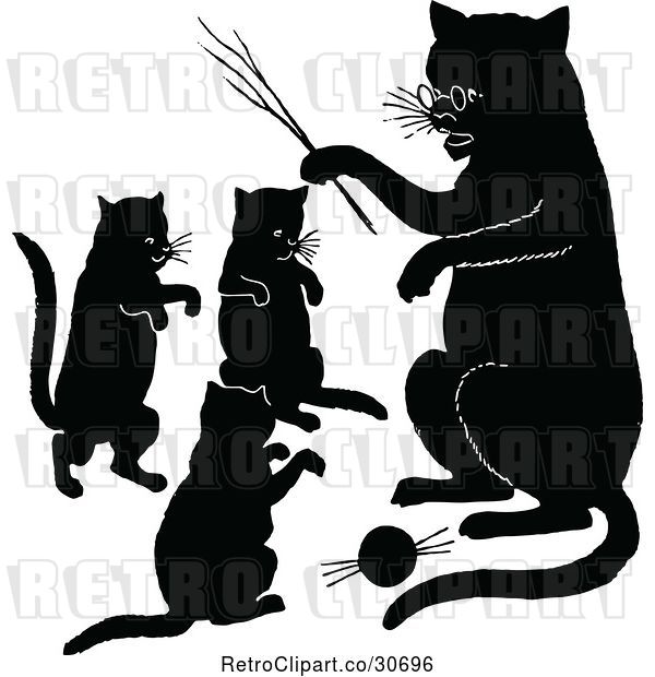Vector Clip Art of Retro Silhouetted Cats Playing