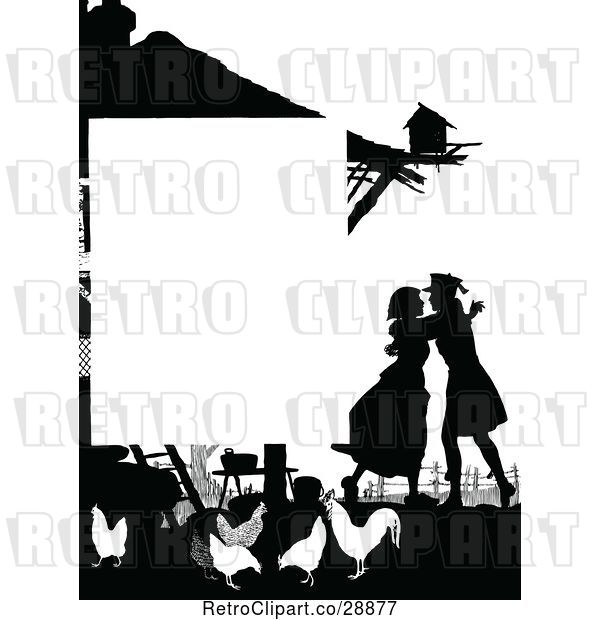 Vector Clip Art of Retro Silhouetted Couple and Chickens Page Border