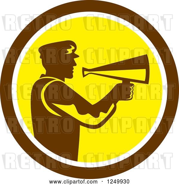 Vector Clip Art of Retro Silhouetted Director Using a Bullhorn in a Brown and Yellow Circle