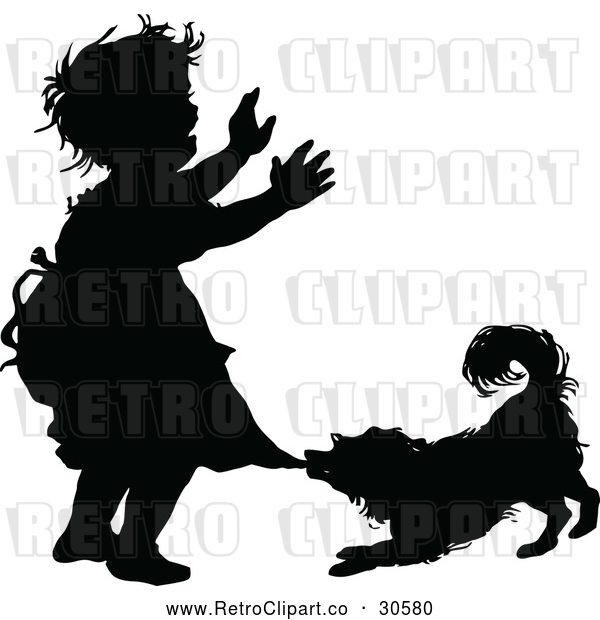 Vector Clip Art of Retro Silhouetted Dog Biting a Girls Dress
