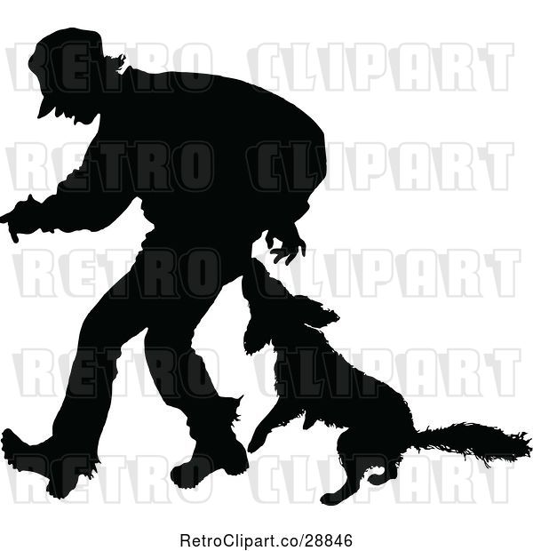 Vector Clip Art of Retro Silhouetted Dog Biting a Guy