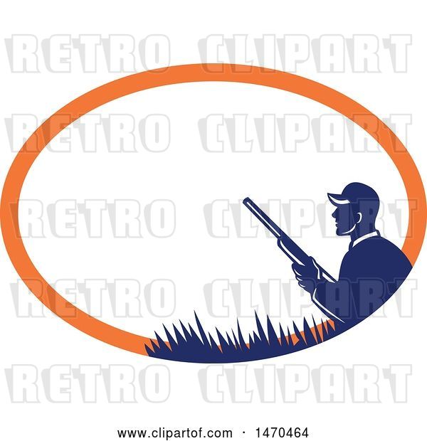 Vector Clip Art of Retro Silhouetted Duck Hunter Holding a Shotgun in a Blue and Orange Oval