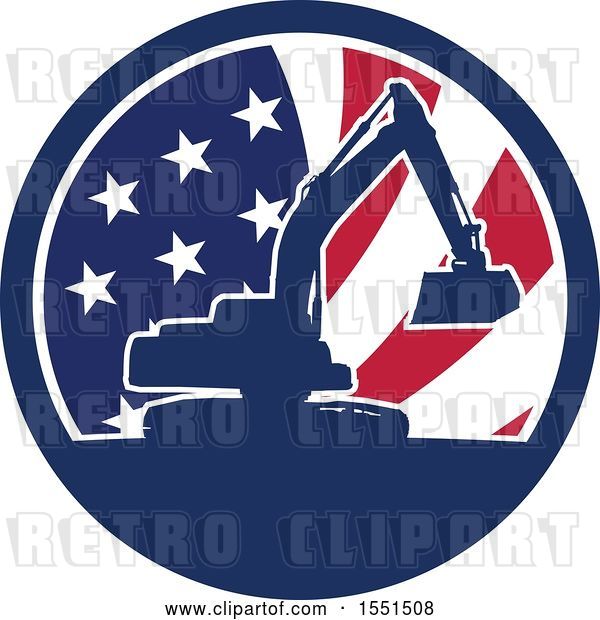Vector Clip Art of Retro Silhouetted Excavator Machine in an American Flag Circle