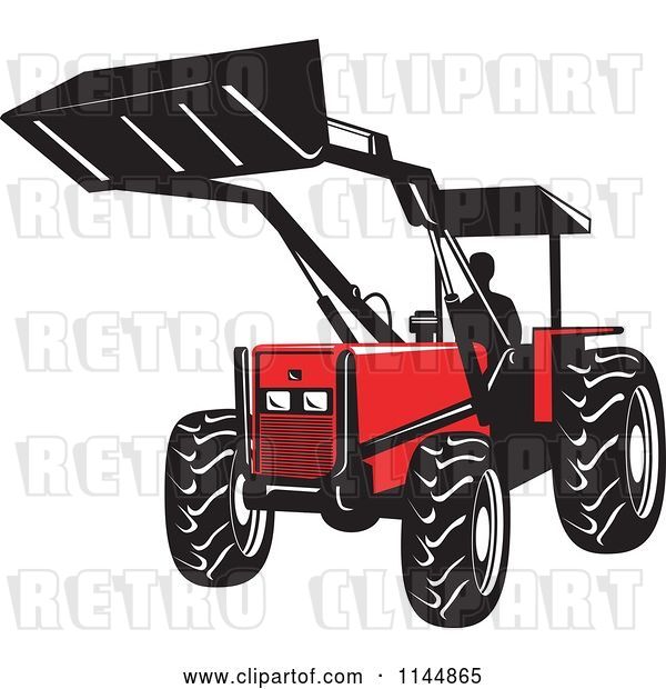 Vector Clip Art of Retro Silhouetted Farmer Operating a Loader Tractor