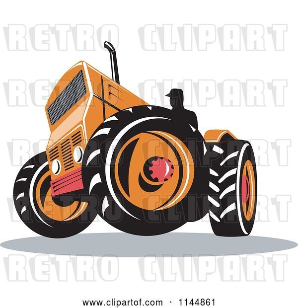 Vector Clip Art of Retro Silhouetted Farmer Operating an Orange Tractor