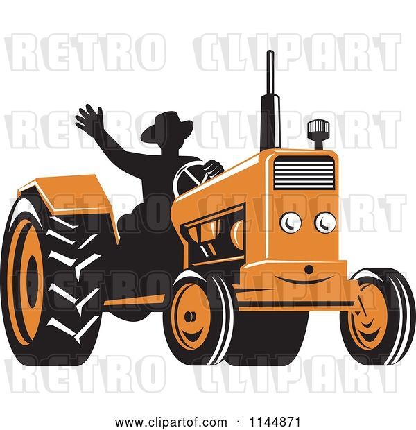 Vector Clip Art of Retro Silhouetted Farmer Waving and Operating an Orange Tractor