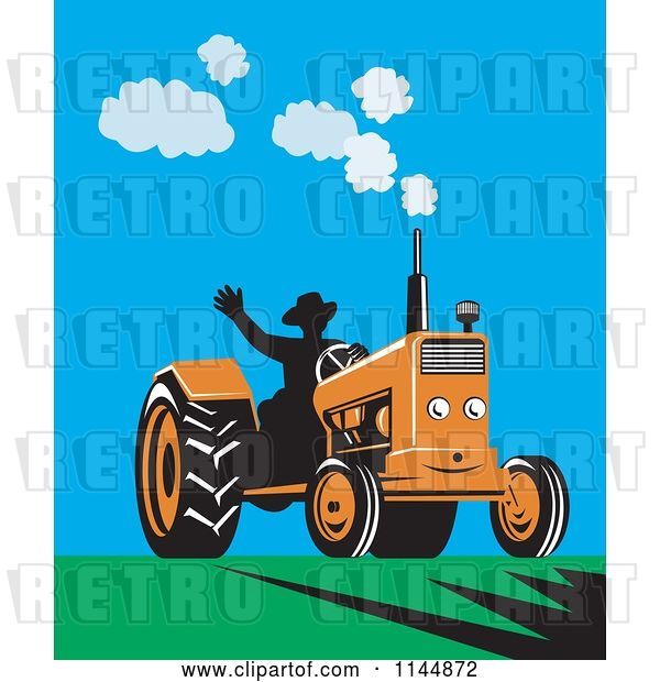 Vector Clip Art of Retro Silhouetted Farmer Waving and Operating an Orange Tractor on a Field