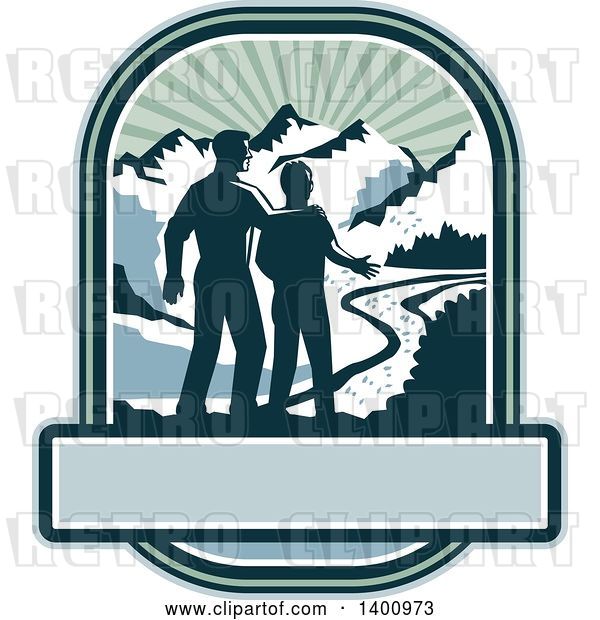 Vector Clip Art of Retro Silhouetted Father and Son with a View of a River and Mountains over a Banner