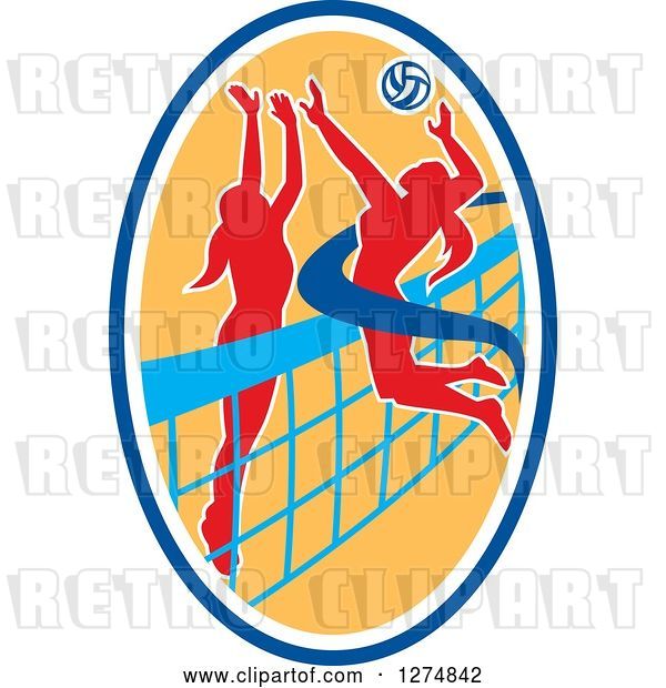 Vector Clip Art of Retro Silhouetted Female Volleyball Player Blocking an Opponents Spike in a Blue White and Yellow Oval