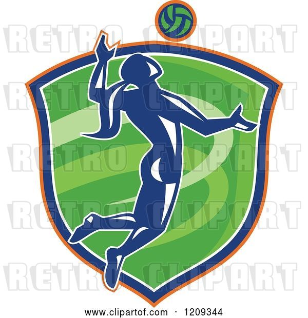 Vector Clip Art of Retro Silhouetted Female Volleyball Player Jumping over a Green Shield