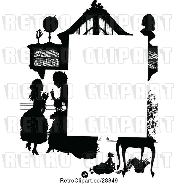 Vector Clip Art of Retro Silhouetted Girl and Mother Page Border