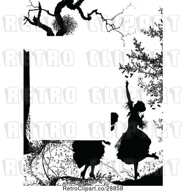 Vector Clip Art of Retro Silhouetted Girl and Tree Page Border