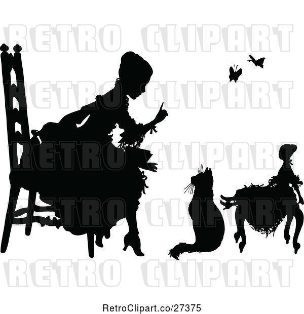 Vector Clip Art of Retro Silhouetted Girl Talking to Her Cat and Doll