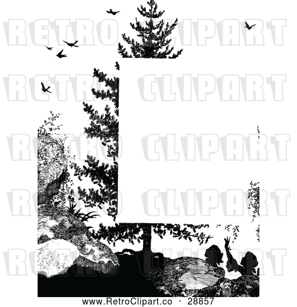 Vector Clip Art of Retro Silhouetted Girl Tree and Birds Page Border