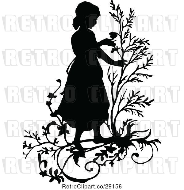 Vector Clip Art of Retro Silhouetted Girl with Branches