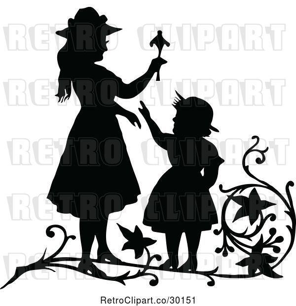 Vector Clip Art of Retro Silhouetted Girls Playing