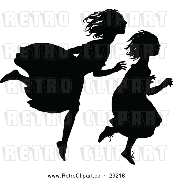 Vector Clip Art of Retro Silhouetted Girls Running