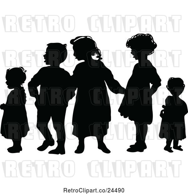 Vector Clip Art of Retro Silhouetted Group of KChildren