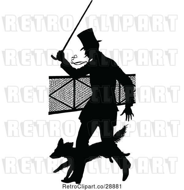 Vector Clip Art of Retro Silhouetted Guy with a Cane and Dog