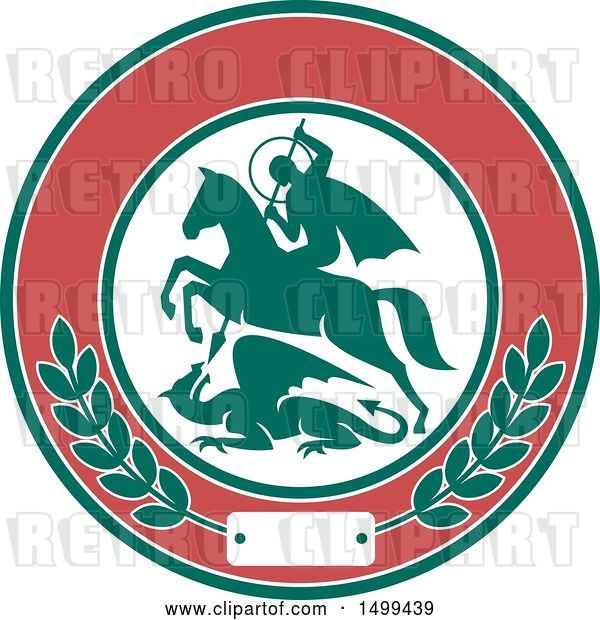Vector Clip Art of Retro Silhouetted Horseback St George Knight Slaying a Dragon in a Cricle with Olive Leaves