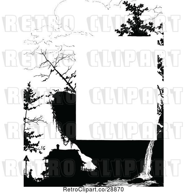 Vector Clip Art of Retro Silhouetted House and Waterfall Page Border