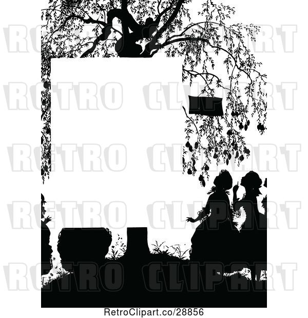 Vector Clip Art of Retro Silhouetted KChildren and Tree Page Border