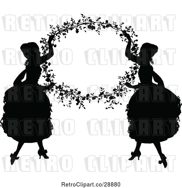 Vector Clip Art of Retro Silhouetted Ladies Holding up a Floral Frame