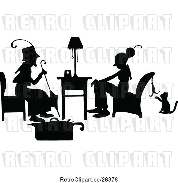 Vector Clip Art of Retro Silhouetted Ladies Talking