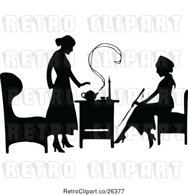 Vector Clip Art of Retro Silhouetted Ladies Talking over Tea
