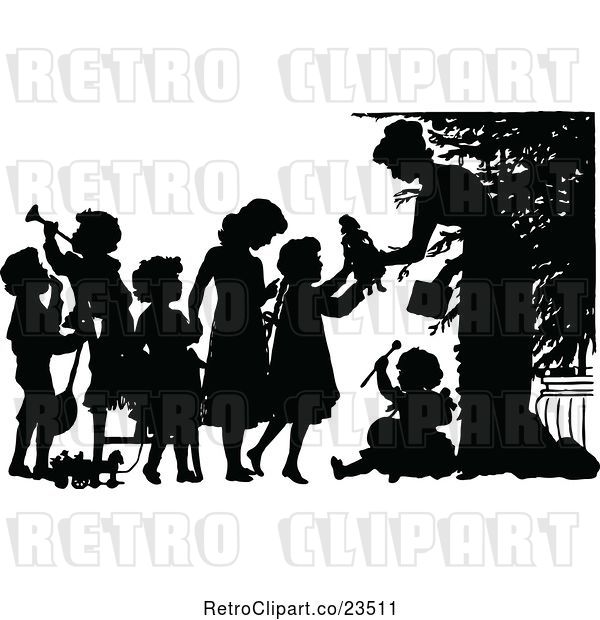 Vector Clip Art of Retro Silhouetted Lady Giving Christmas Toys to KChildren