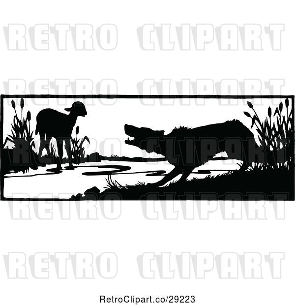 Vector Clip Art of Retro Silhouetted Lamb and Wolf