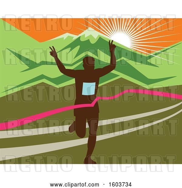 Vector Clip Art of Retro Silhouetted Male Marathon Runner Breaking Through the Finish Line Against a Mountainous Sunset