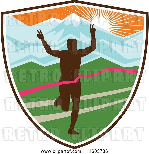 Vector Clip Art of Retro Silhouetted Male Marathon Runner Breaking Through the Finish Line in a Shield Against a Snow Capped Mountainous Sunset